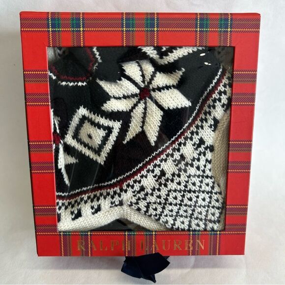 Ralph Lauren Girls 2-6X Winter Set Scarf Gloves And Hat Black Cream Snowflakes - Picture 5 of 10